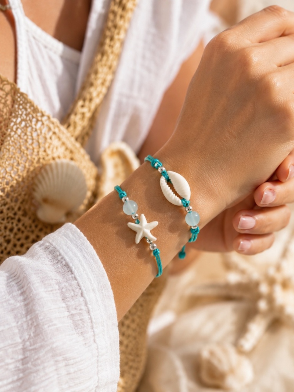 Turquoise Shell & Starfish Adjustable Bracelet Set